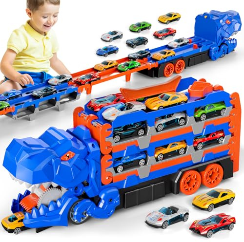 BLmukce Dinosaurier Spielzeug für Jungen & Mädchen 2-5 Jahre, Rennstrecken LKW Transporter mit 12 Spielzeugautos, 150 cm Faltbarer Auto Carrier, Geschenk zum Geburtstag für Kinder 3-6 Jahre