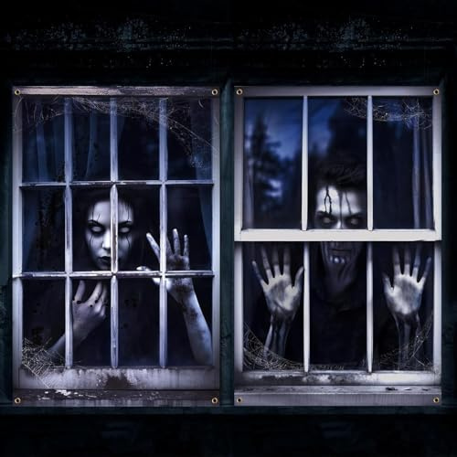 2 Pcs Cortina de Halloween de Terror, Silhueta de Cortina de Halloween para Ventanas, Decoración para Cubrir Paredes y Puertas con Pósteres de Terror y Sangre (B)