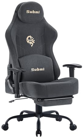 Submi Gaming Stuhl, Ergonomischer Stoff PC Stuhl, Gamer Stuhl Computerstuhl mit Fußstütze, Bürostuhl mit Kopfstütze & Lendenstütze, Gaming Chair Gaming Sessel 150KG, Erwachsene (Dunkelgrau