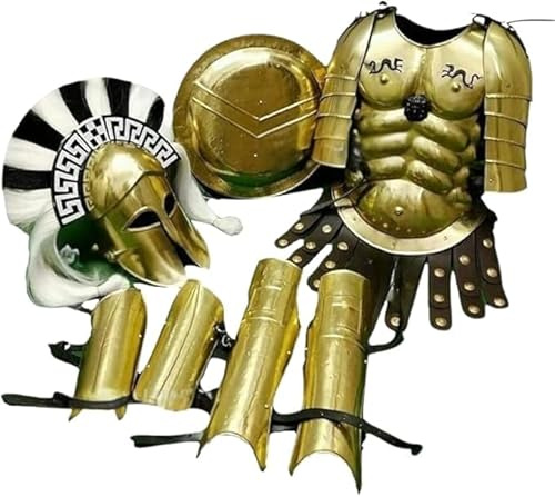 Mittelalter Römischer Krieger Rüstung Set Gold Muskel Kürass mit korinthischem Helm Spartan Schild Beinschützer Stahl Kampf Kostüm für Erwachsene