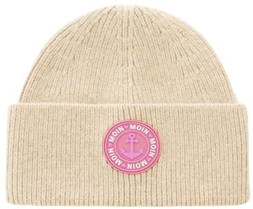 Zwillingsherz Damen Beanie Strickmütze mit Patch, Polyacryl-Viskose-Wolle, One Size, Modern Style für Alltag, Warme Winter Mütze, Handwäsche