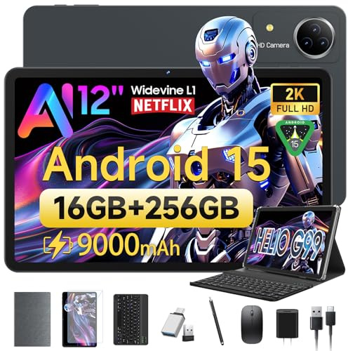 FEONAL Tablet | 12 Zoll 2K Display | 16(8+8) GB RAM+256GB ROM (2TB TF) | 5G WiFi Tablets-PC | Helio G99 Gaming Tablet | 21MP | 9000mAh | Widevine L1 | GPS | BT5 | Android 15 mit Gemini AI | Grau