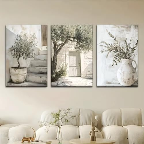 AQCQDQ 3PCS Canvas Poster - Retro Art Olive Tree Mediterranean Landscape Wall Art Prints for Bathroom Living Room, Kitchen Corridor Wall Decor, Unframed (50×70 cm)