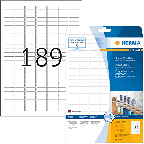 HERMA 10900 Power Etiketten, 25 Blatt, 25,4 x 10 mm, 189 pro A4 Bogen, 4725 Stück, selbstklebend, bedruckbar, extrem stark haftend, blanko Papier Klebeetiketten Aufkleber, weiß