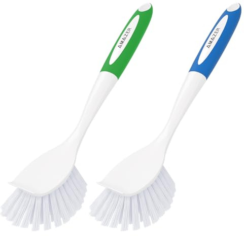 Amazer Dish Brush with Handle, 2 Pack Kitchen Scrub Brushes for Cleaning, Dish Scrubber with Stiff Bristles for Sink, Pots, Pans