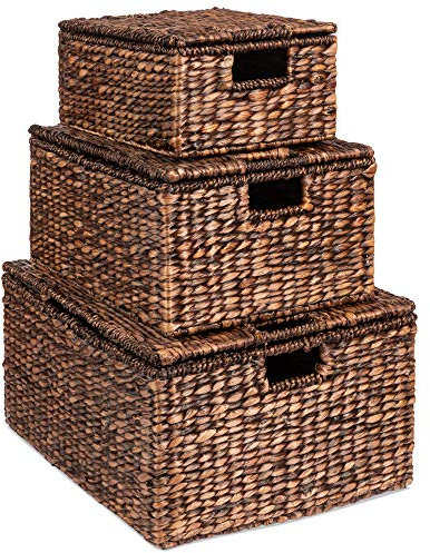 Best Choice Products set di 3 cesti in giacinto d' acqua Nesting W/coperchi separati spazzolato espresso