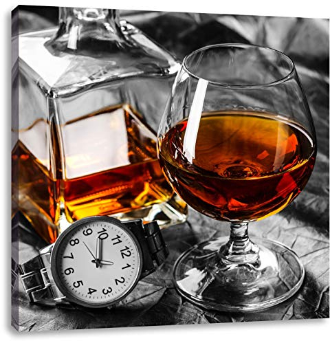 Pixxprint Man Things mit Whiskey und Uhr, Größe: 70x70 cm, Leinwandbild Quadratisch, Wandbild, Kunstdruck, fertig bespannt
