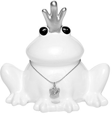 Brillibrum Design Spardose Frosch weiß Keramik mit silberner Krone Glitzer Anhänger Schloss mit Schlüssel Geldgeschenk Kinder Taufe Geburt Baby Mädchen Junge Kinderzimmer Deko Froschkönig