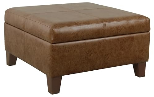 HomePop Faux Leather Square Storage Ottoman with Wood Legs, Brown