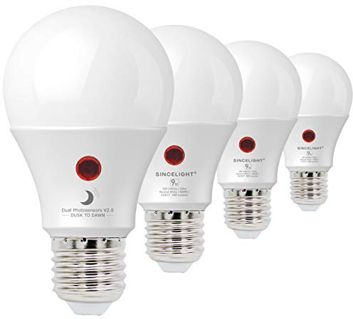 SINCELIGHT Dusk to Dawn LED Light Bulb 9W with Dual Photocell Sensors, ON/Off Automatic Depends on the Daylight Level, Outdoor Night Light from Dusk Till Dawn, Security Bulbs, Neutral 4000K, 4 Pack