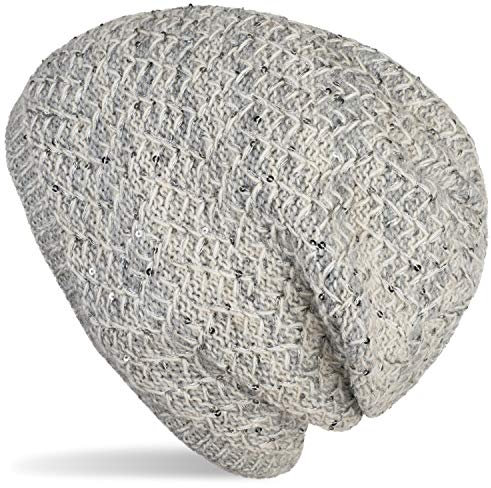 styleBREAKER Damen Strick Beanie Mütze mit Pailletten und Thermo-Fleece Futter, Winter Slouch Beanie 04024168, Farbe:Hellgrau