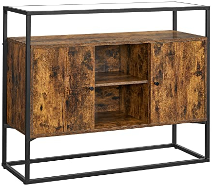VASAGLE Sideboard, Beistellschrank, Küchenschrank, offene Fächer, 100 x 35 x 80 cm, Stahlgestell, Hartglas, vintagebraun-schwarz LSC014B01