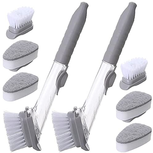 Jicyor 2-Sätze Spülbürste mit Spülmittelspender, Reinigungsbürste mit 8 Ersatz Bürstenköpfe, Spülbürsten mit Stiel, Multifunktionale Küchen Bürste für Küche Haushalt Topf Spüle Schüssel(Grau)