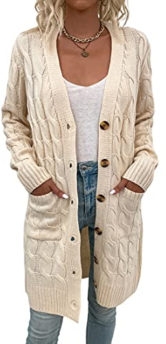 Avondii Cardigan lungo da donna a maniche lunghe con bottoni, oversize, a maglia grossa, beige., M