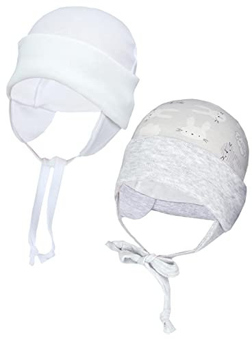 TupTam Baby Erstlingsmütze mit Ohrenklappen 2er Pack, Farbe: Kaninchen Grau/Weiß, Größe: 62-68