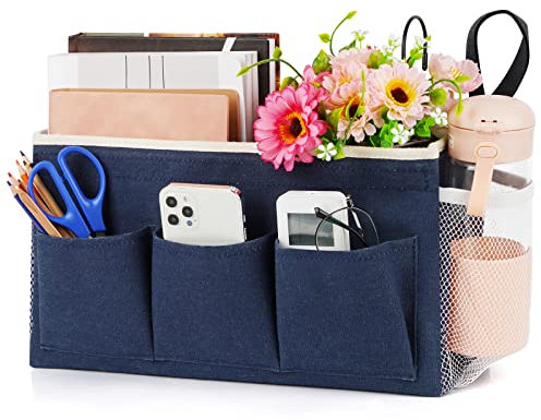 Lilithye Bedside Caddy Bedside Organizer Bedside Storage Caddy with Fixed Straps and Water Bottle Holder for Home College Dorm Bunk Bed Hospital Bed Crib Bed Rails (Navy Blue)