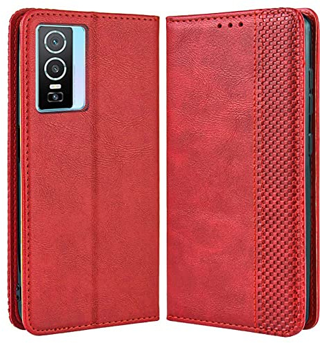 MOJIA Hülle Flip Case für VIVO Y76 5G / Y76s, PU Dünne Magnetische Klapphülle Handyhülle Schutzhülle mit Kartenfach und Standfunktion. Rot