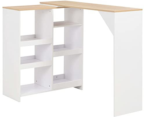 Makastle L-Form Rahmen Bartisch Stehtisch Küchentheke Küchenbartisch mit Beweglichem Regal, Esstisch Tisch Bistrotisch Essplatz Bar 138x39x110 cm Weiß mit Natur
