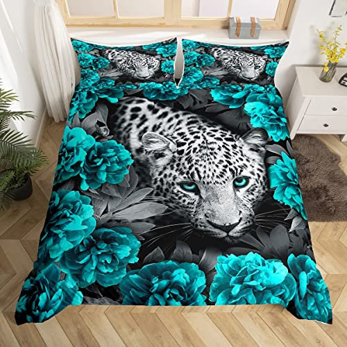 3D Cheetah Bedding Set Teal Rose Leopard Print Comforter Cover Botanical Floral Duvet Cover African Safari Animals Bed Set Novelty Big Cat Wildlife Hair Wild Animal Room Decor Super King
