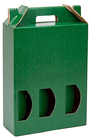 ONLY BOXES Pack 10 cajas estuche de cartón para 3 botellas de vino, cava, champagne o licor color verde. Modelo automontable de caja con ventana para embalaje botellas muy original, AMA730