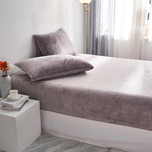Luofanfei Fleece Spannbettlaken Bettlaken 140x200cm Grau Winter Extra Warm Plüsch Samt Kuschelige Leintuch Boxspringbett Frottee Spannbetttuch Uni Muster für Hohe Matratze bis 25-30 cm
