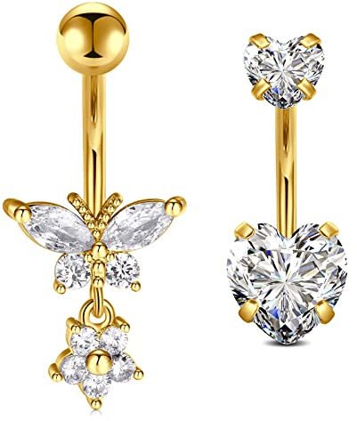 Crdifu 2er Bauchnabelpiercing Gold 10mm Chirurgenstahl Herz Schmetterling Bauchpiercing Piercing Bauchnabel