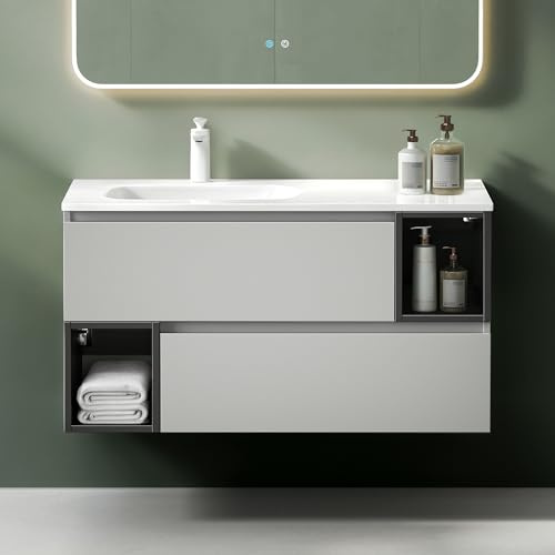 Mai & Mai Waschtisch mit Unterschrank Waschbecken mit Unterschrank | Badmöbelset 100x48x54cm in Khaki und Grau inkl. Waschbecken aus Mineralguss Gemini