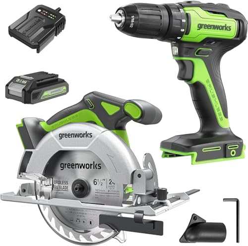 Scie circulaire à batterie Greenworks 24 V 165 mm et kit perceuse, visseuse de 35 nm, avec batterie 2ah et chargeur