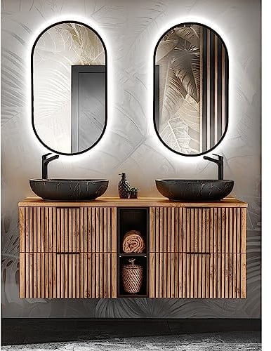 Lomadox Badezimmer Waschplatz Set 3-teilig schwarz gerillt Doppelwaschtisch 141 cm mit Regal Aufsatzwaschbecken 2 LED Spiegel anthrazit mit Eiche Nb. 140,6x200x46,5 cm