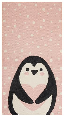 Beliani Kinderzimmer Teppich Baumwolle Penguin Aufdruck 80 x 150 cm Rosa Spielzimmer Pengkol