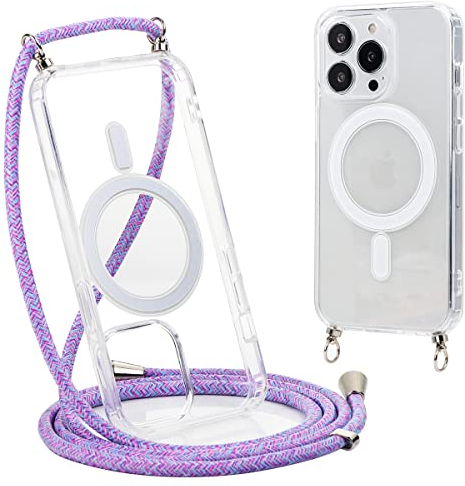 Yoedge Handyband für iPhone 15 Hülle mit Band 6,1, Transparente Magnetisch Handyhülle [Kompatibel mit Magsafe], Schlank Dünn Silikon TPU Stoßfest Schutzhülle mit Kordel zum Umhängen, Regenbogen