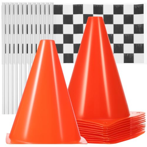 24PCS Racing Traffic Cones and Checkered Flags Set Racing Theme Party Decor | 25.4 Inch traffic cones, includes hole for waving flags, bright orange highly visible, ideal for racing games & party decor