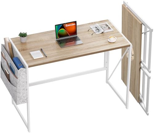 SOROGRA Small Folding Desk 100 cm, Foldable Desks with Storage Bag and Headphone Hooks, Portable Table for Small Spaces and Home Office, Easy Assembly, Oak