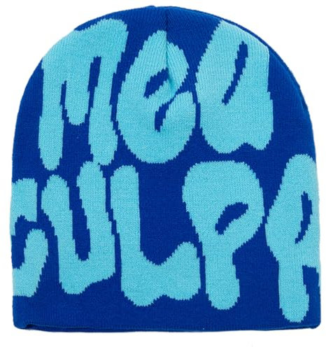 AMOFIA Damen Y2K Beanie Warm Bonnet Strickmütze Unisex Me Culpa Winter Caps für Geschenk, Blau, Einheitsgröße