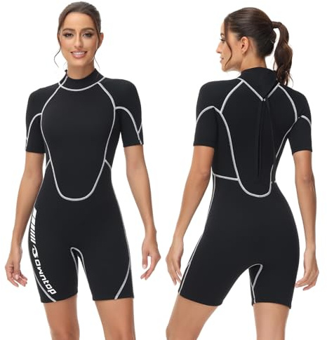Owntop 3/2mm Shorty Wetsuit Women - Back Zip Wet Suit for Diving Surfing, Short Sleeve Diving Suits Stretch Neoprene for Water Sports, Women Black XS
