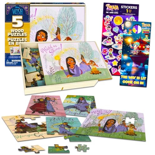 Disney Wish Holzpuzzle, 5 Stück, Bündel mit 5 Disney Wish Holzpuzzles in Haltetablett, Wunschpuzzles für Kinder plus Aufkleber und mehr, Kinder Disney Wish Puzzle