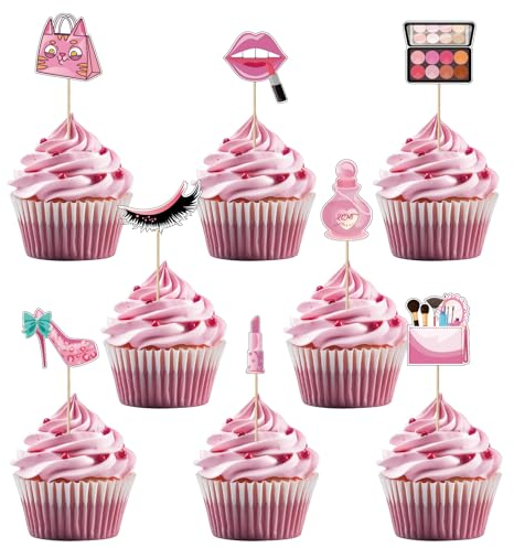 Party Go 32PCS Make Up Cupcake Toppers Lipstick Perfume Cupcake Picks High Heel Cupcake Decors Girls Party Cake Decor for Wedding Bridal Shower Girls Birthday Party Supplies