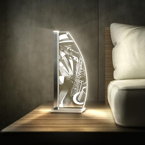 Luverre Tischlampe | LED-Leuchte | Glas-Leuchte mit Gravur für Nachttisch, Kommode, Wohnzimmer | Kunst, Kubismus, Saxofon (Sax, Segel | silber)