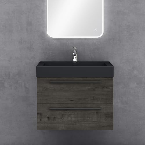doporro Badmöbel-Set Waschbeckenunterschrank mit Soft-Close in Grau-braun 73x48x60cm Quadratto Waschplatz komplett Set inkl. Mineralguss-Waschbecken in matt Anthrazit