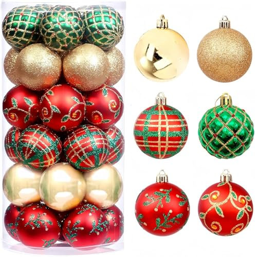 KAHEIGN 30Pcs Christmas Baubles, 6CM Red Green Gold Christmas Ball Ornaments Shatterproof Christmas Hanging Balls Sets for Christmas Tree Holidays Home Xmas Party Decoration (6 Styles)