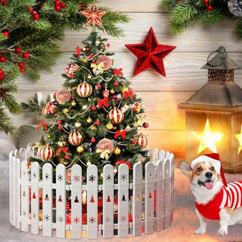 Christmas Tree Fence, 36 pcs Christmas Tree Gate Picket Fence Xmas Decorations, Christmas Tree Guard for Dogs Cats Puppy Toddlers Baby Kids, Thicken Plastic Fence Indoor Holiday Decorations, White
