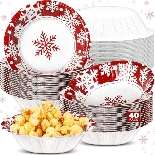 Sliner 40 Pcs 16 oz Christmas Paper Bowls - Red Snowflake Design - White Cardboard Material - Classic Style - Disposable Bowls for Salad, Soup, Dessert, Snack