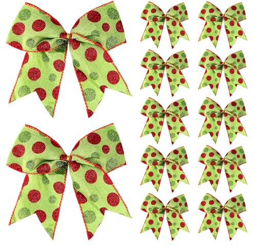 12Pcs Christmas Tree Decorations, Large Dot Red Green Bows Decorations, Bows Christmas Wreaths Ornaments Xmas for Christmas Tree Topper, Gift DIY Wreath Craft Accessories (5.9inch Christmas Bows)