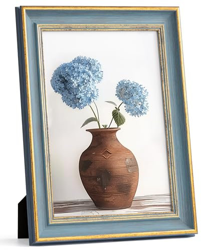 Afuly Vintage Picture Frames A4 (21 x 29.7cm) Antique Elegant Blue Gold Photo Frame with Wall Mount Desk Home Decor Display Family Friends Birthday Festival Gifts for Mom Grandma Women