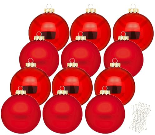 Inge Glas große Weihnachtskugeln mit Haken | Christbaumkugeln aus Glas | Set 12 Kugeln 8cm groß und 40 Aufhänger | Christbaumschmuck Weihnachtsbaumkugeln (Merry Red | rot)