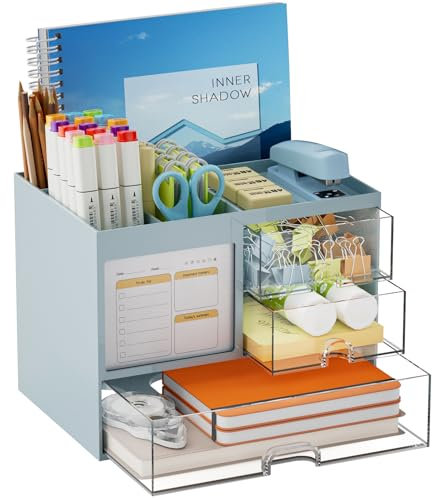 Marbrasse Organizer Scrivania con 3 Cassetti,4 Scomparti Portapenne per Ufficio, Casa e Scuola, Grande Capacità(Blu)