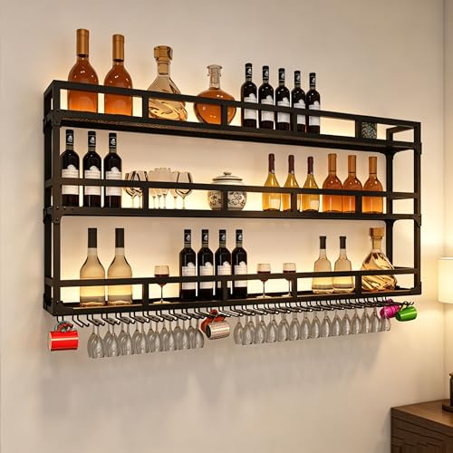 Botellero Vino Pared con Luz Mueble Bar Garrafeira Mini Bar Wine Rack Mueble Comedor Cocina con Soporte Copas Colgante Estantes de Almacenamiento para Bar Sala de Estar y Cocina(Black,3LAYERS_120CM(47