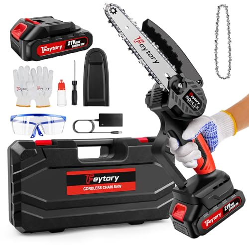 Akku Kettensäge 21V, 6 Zoll Mini Kettensäge mit Akku 2 * 3000mAh, andkettensäge mit Sicherheitsverriegelung und 2 Ketten, Handschuhe & Brille,Leichte Elektro für Holz