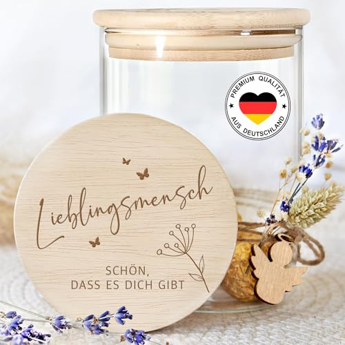 Grandora Vorratsglas Lieblingsmensch Geschenk für Geburtstag, Jahrestag Aufbewahrungsglas mit Holzdeckel Geschenkidee für Partner, Mama & Beste Freundin, Keksdose mit Spruch XHG1026-3-S
