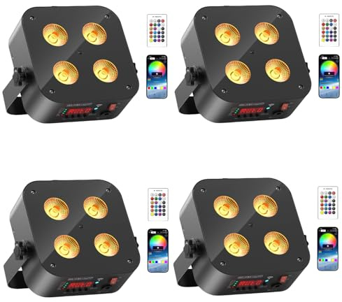 4 * 10W LED Batterie Par Licht, 4PCS 6 in 1 Wiederaufladbar RGBWA+UV Mini Disco Partylicht, Bühneneffekt Scheinwerfer mit Fernbedienung/APP/2,4DMX, Geeignet für Bühne Party Geburtstag Club